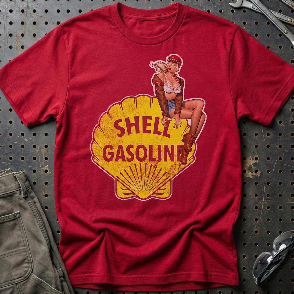 Shell Pinup - Unisex T-Shirt , Bomuld-Beklædning-Motoroil-Rød-S-Garage Culture Shop- garage - man cave - merchandise