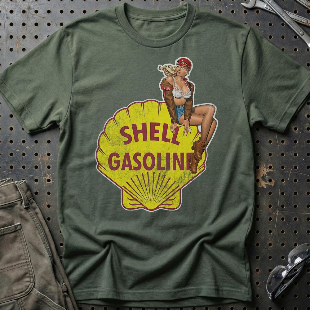 Shell Pinup - Unisex T-Shirt , Bomuld-Beklædning-Motoroil-Grøn Militær-S-Garage Culture Shop- garage - man cave - merchandise