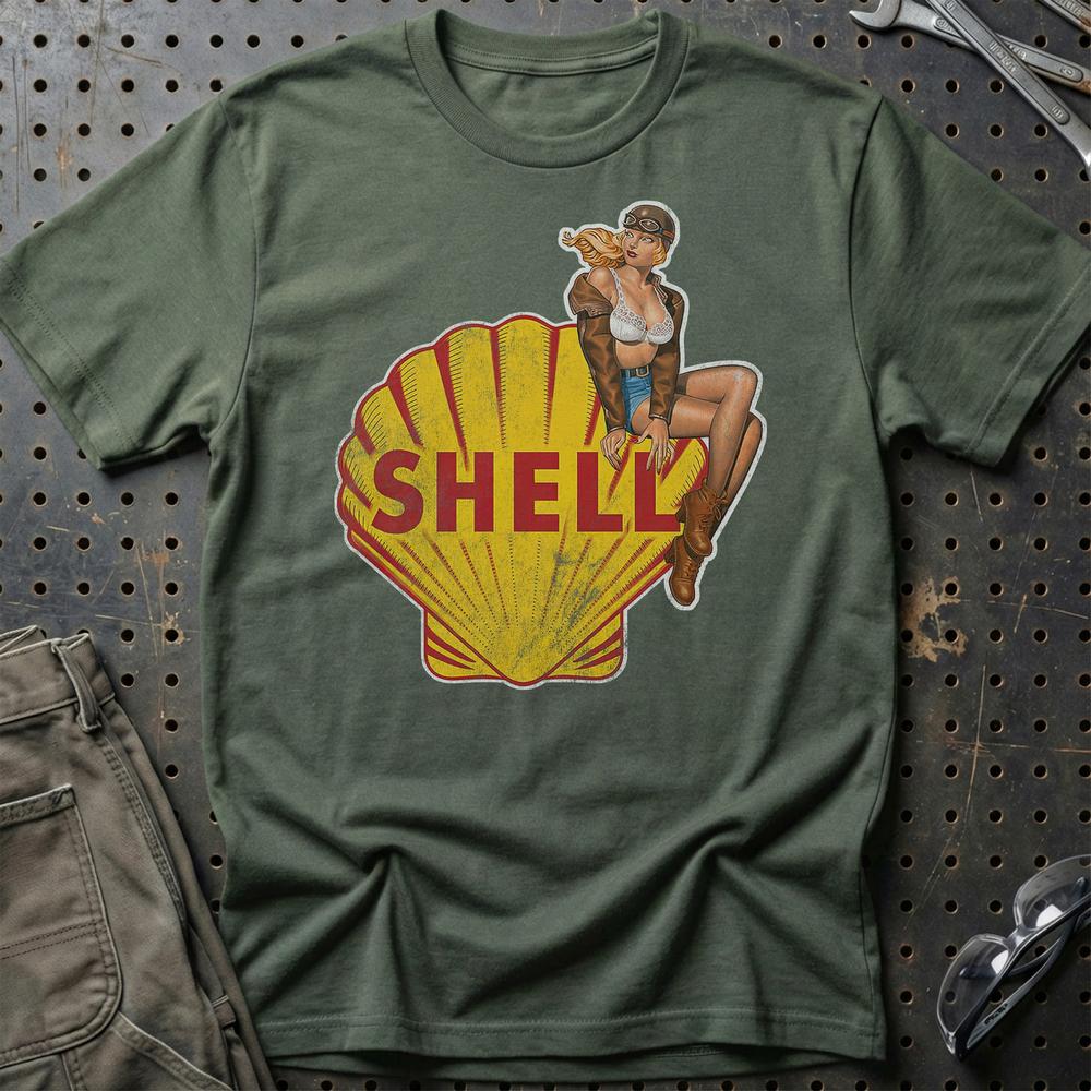 Shell Pinup - Unisex T-Shirt , Bomuld-Beklædning-Motoroil-Grøn Militær-S-Garage Culture Shop- garage - man cave - merchandise