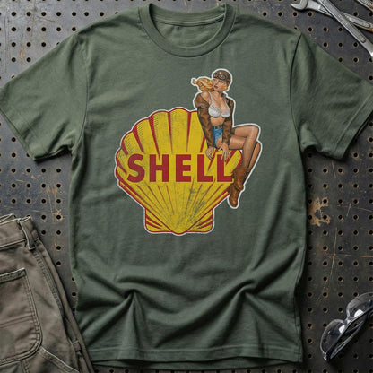Shell Pinup - Unisex T-Shirt , Bomuld-Beklædning-Motoroil-Grøn Militær-S-Garage Culture Shop- garage - man cave - merchandise