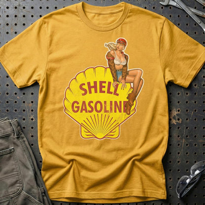 Shell Pinup - Unisex T-Shirt , Bomuld-Beklædning-Motoroil-Guld-S-Garage Culture Shop- garage - man cave - merchandise