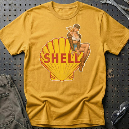 Shell Pinup - Unisex T-Shirt , Bomuld-Beklædning-Motoroil-Guld-S-Garage Culture Shop- garage - man cave - merchandise