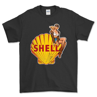 Shell Pinup - Unisex T-Shirt , Bomuld-Beklædning-Motoroil-Sort-S-Forside-Garage Culture Shop- garage - man cave - merchandise