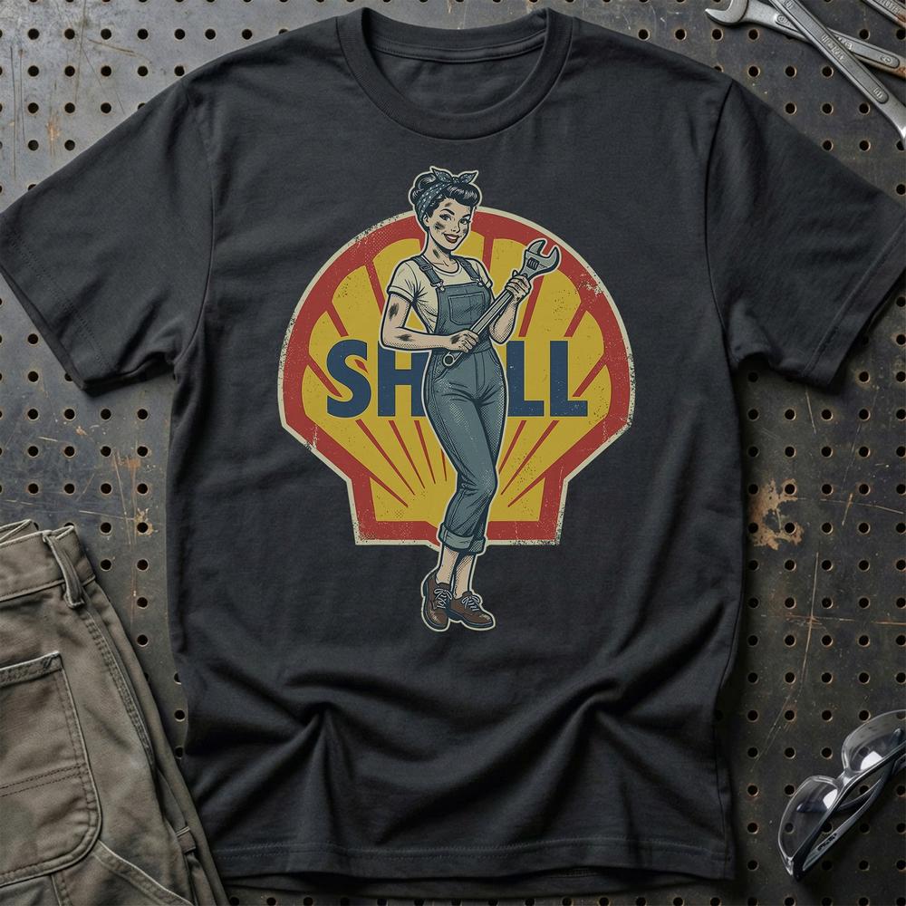 Shell Pinup - Unisex T-Shirt , Bomuld-Beklædning-Motoroil-Sort-S-Garage Culture Shop- garage - man cave - merchandise