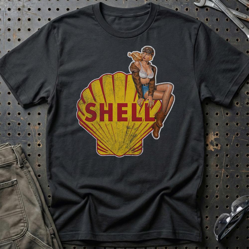 Shell Pinup - Unisex T-Shirt , Bomuld-Beklædning-Motoroil-Sort-S-Garage Culture Shop- garage - man cave - merchandise