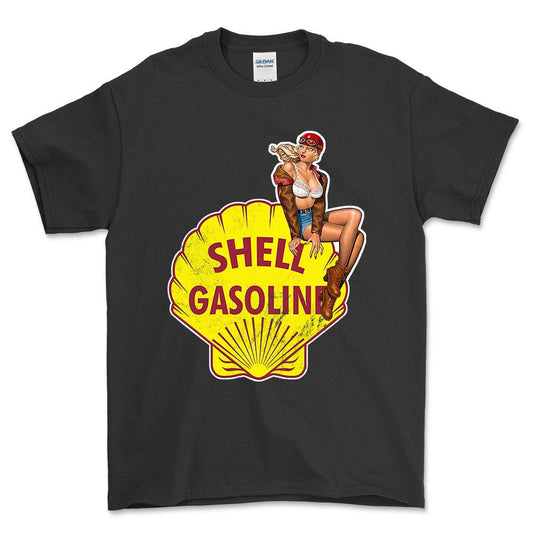 Shell Pinup - Unisex T-Shirt , Bomuld-Beklædning-Motoroil-Sort-S-Forside-Garage Culture Shop- garage - man cave - merchandise