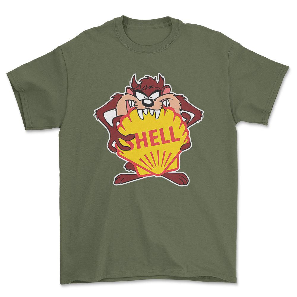 Shell TAZ Unisex T-Shirt , Bomuld-Beklædning-Motoroil-Grøn Militær-S-Forside-Garage Culture Shop- garage - man cave - merchandise