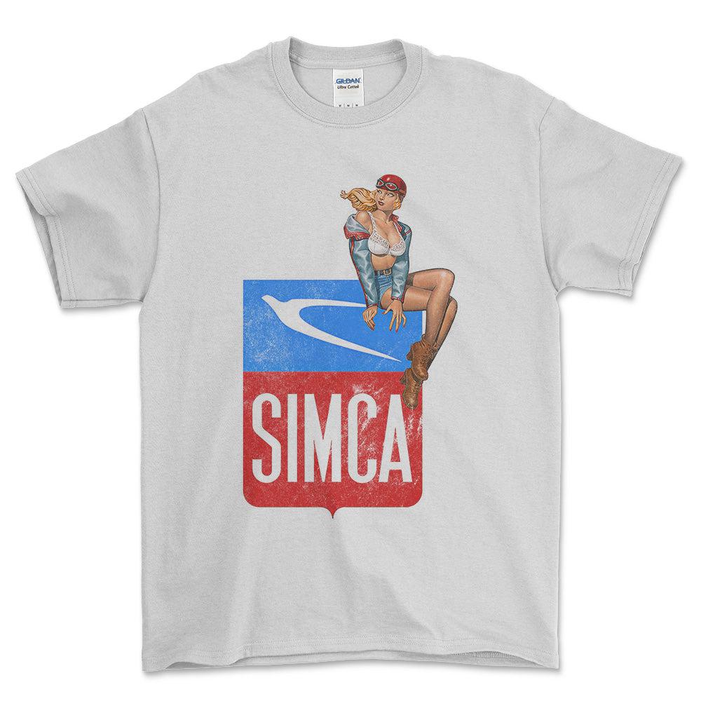 Simca Pinup - Unisex T-Shirt , Bomuld-Beklædning-Simca-Hvid-S-Forside-Garage Culture Shop- garage - man cave - merchandise