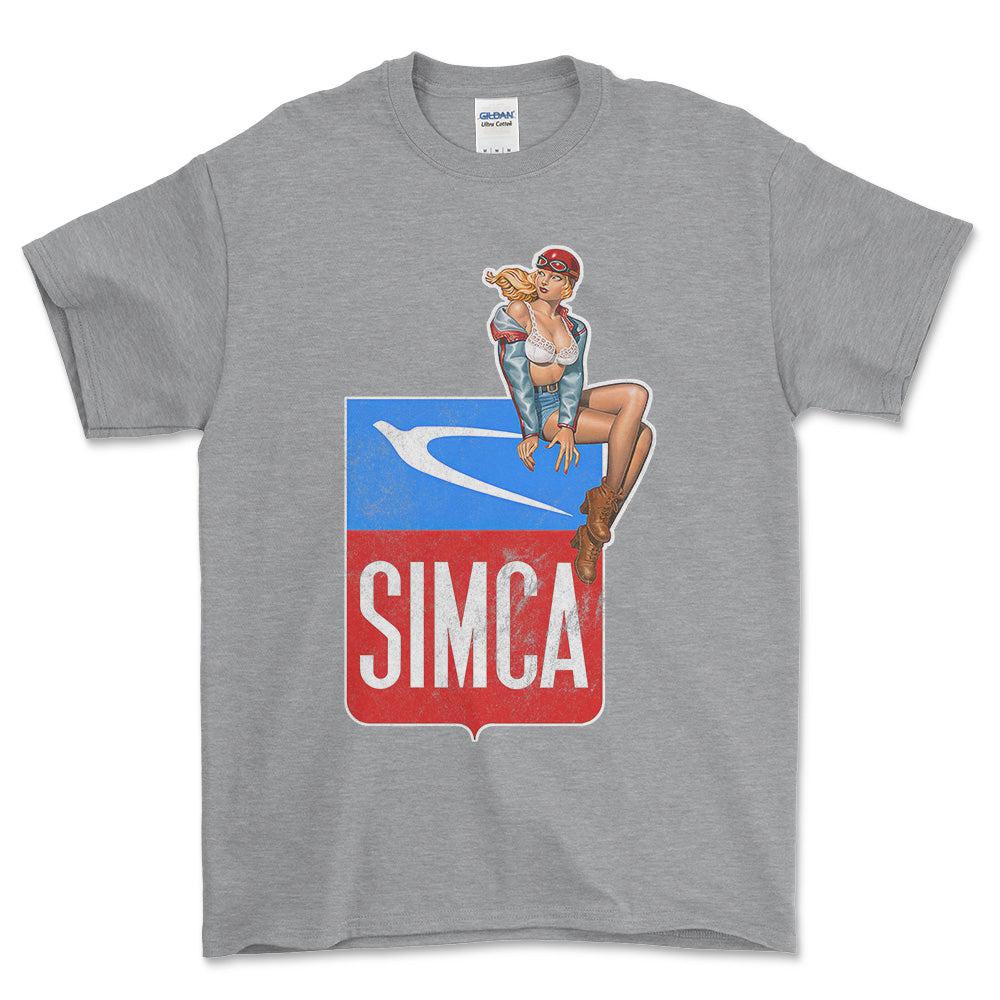 Simca Pinup - Unisex T-Shirt , Bomuld-Beklædning-Simca-Grå Sport-S-Forside-Garage Culture Shop- garage - man cave - merchandise