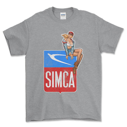 Simca Pinup - Unisex T-Shirt , Bomuld-Beklædning-Simca-Grå Sport-S-Forside-Garage Culture Shop- garage - man cave - merchandise