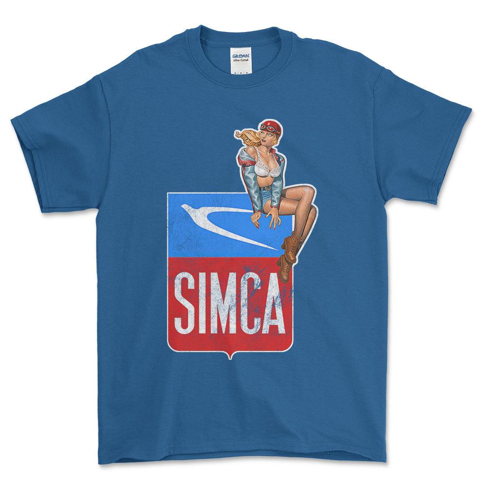 Simca Pinup - Unisex T-Shirt , Bomuld-Beklædning-Simca-Blå Royal-S-Forside-Garage Culture Shop- garage - man cave - merchandise