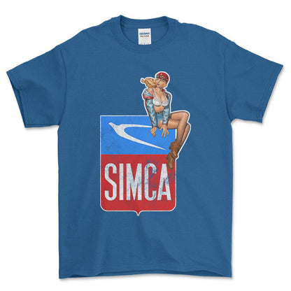 Simca Pinup - Unisex T-Shirt , Bomuld-Beklædning-Simca-Blå Royal-S-Forside-Garage Culture Shop- garage - man cave - merchandise