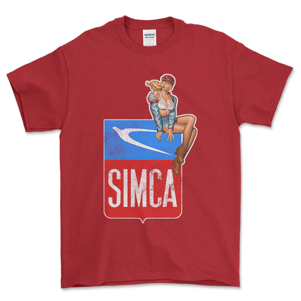 Simca Pinup - Unisex T-Shirt , Bomuld-Beklædning-Simca-Rød-S-Forside-Garage Culture Shop- garage - man cave - merchandise