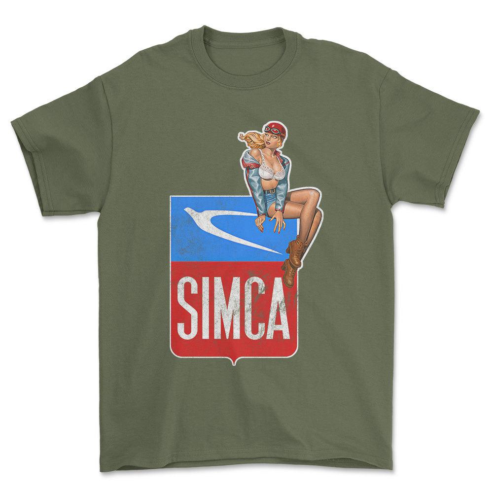 Simca Pinup - Unisex T-Shirt , Bomuld-Beklædning-Simca-Grøn Militær-S-Forside-Garage Culture Shop- garage - man cave - merchandise
