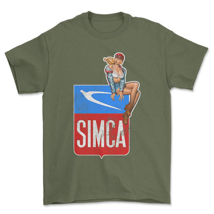 Simca Pinup - Unisex T-Shirt , Bomuld-Beklædning-Simca-Grøn Militær-S-Forside-Garage Culture Shop- garage - man cave - merchandise