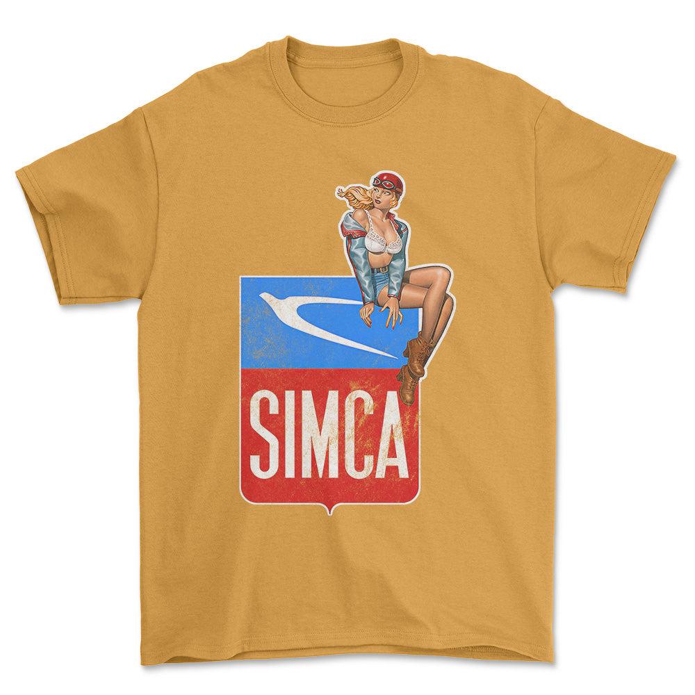 Simca Pinup - Unisex T-Shirt , Bomuld-Beklædning-Simca-Guld-S-Forside-Garage Culture Shop- garage - man cave - merchandise