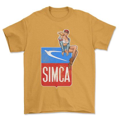 Simca Pinup - Unisex T-Shirt , Bomuld-Beklædning-Simca-Guld-S-Forside-Garage Culture Shop- garage - man cave - merchandise