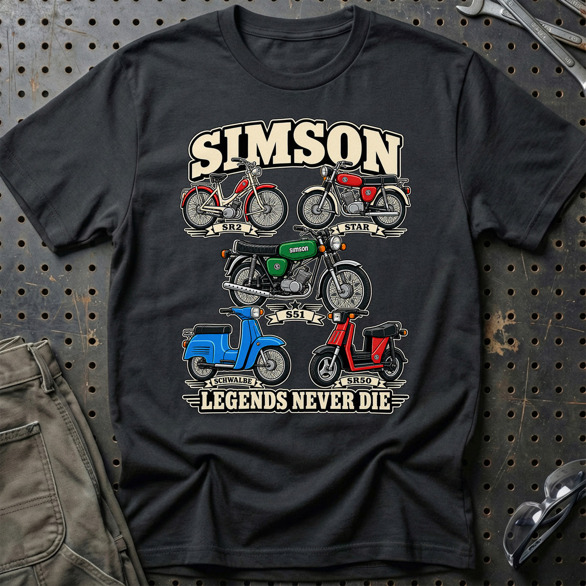 Simson Legends Never Die T-Shirt-Beklædning-Simson-Sort-S-Garage Culture Shop- garage - man cave - merchandise