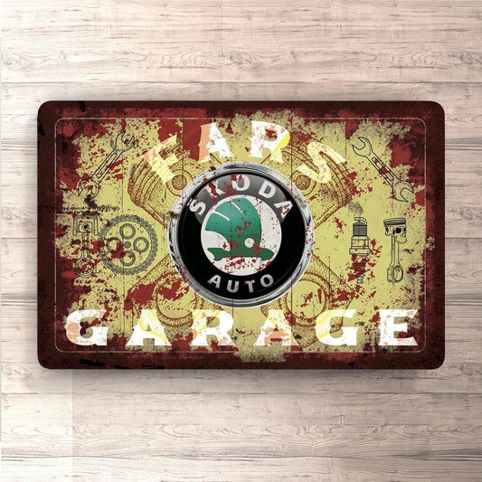 Škoda Fars Garage Vintage Skilte, Musemåtte, Dørmåtte , Plakat-Skilte-Skoda-Garage Culture Shop- garage - man cave - merchandise