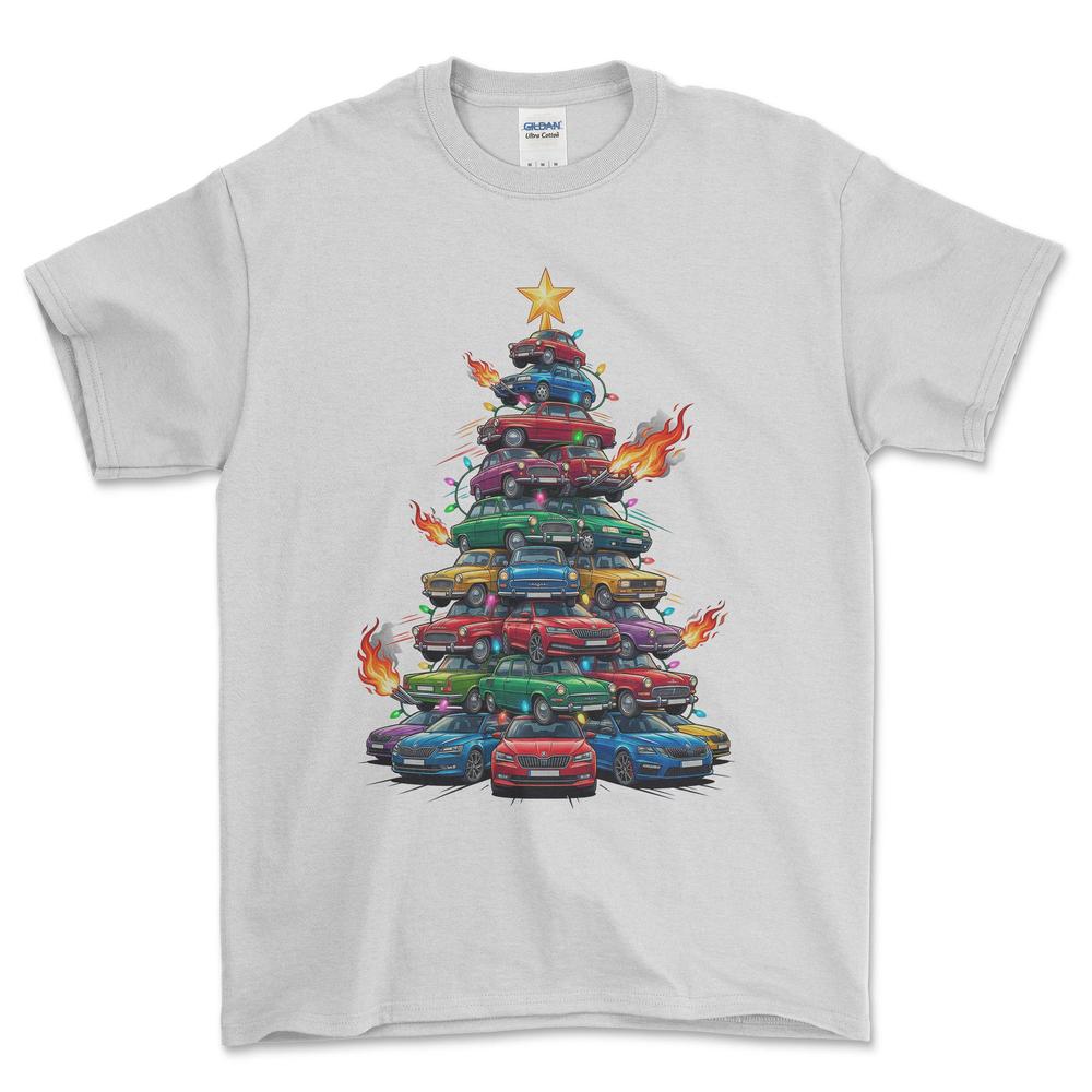 Skoda Juletræ Christmas Tree - Unisex T-Shirt-Beklædning-Skoda-Hvid-S-Forside-Garage Culture Shop- garage - man cave - merchandise
