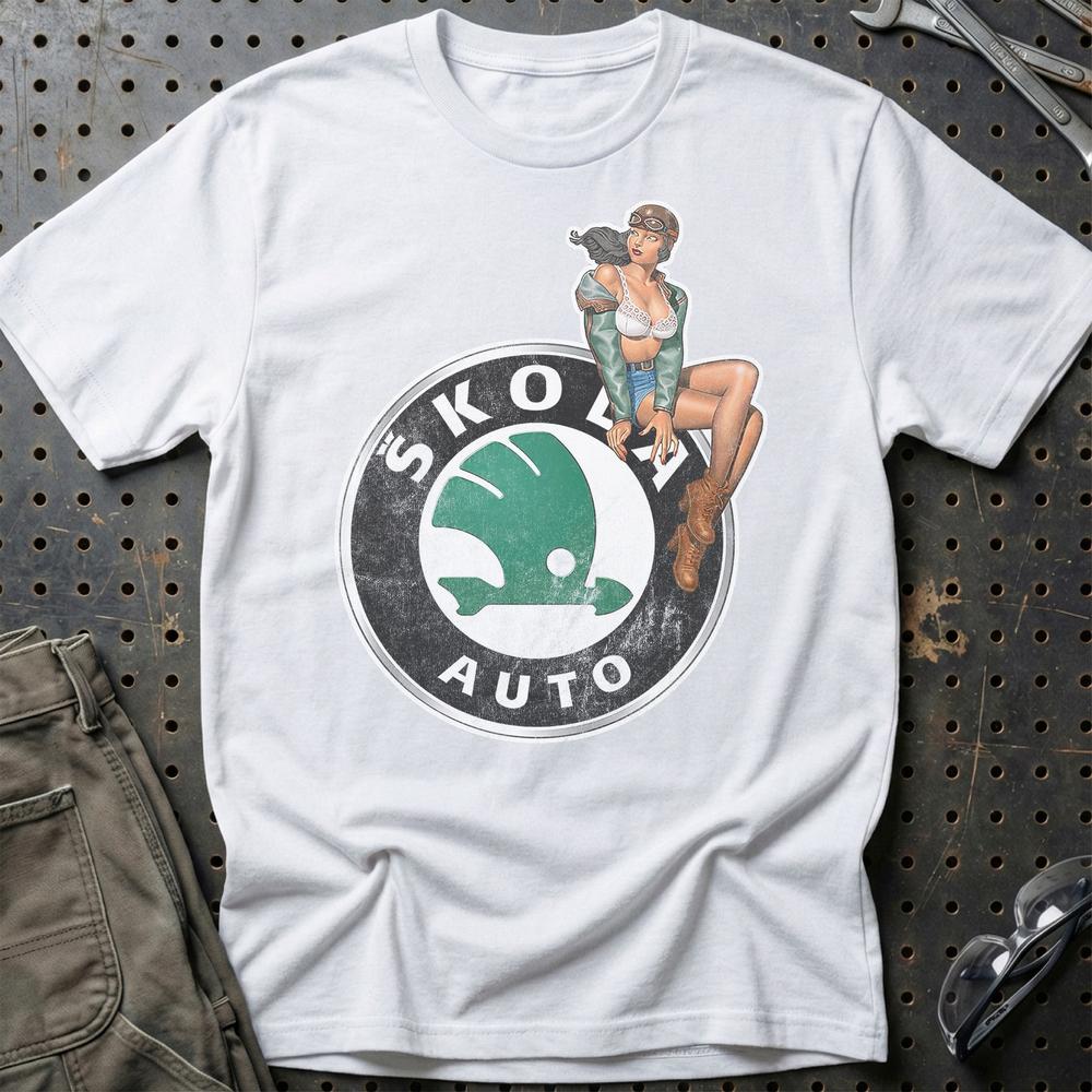Skoda Pinup - Unisex T-Shirt , Bomuld-Beklædning-Skoda-Hvid-S-Garage Culture Shop- garage - man cave - merchandise