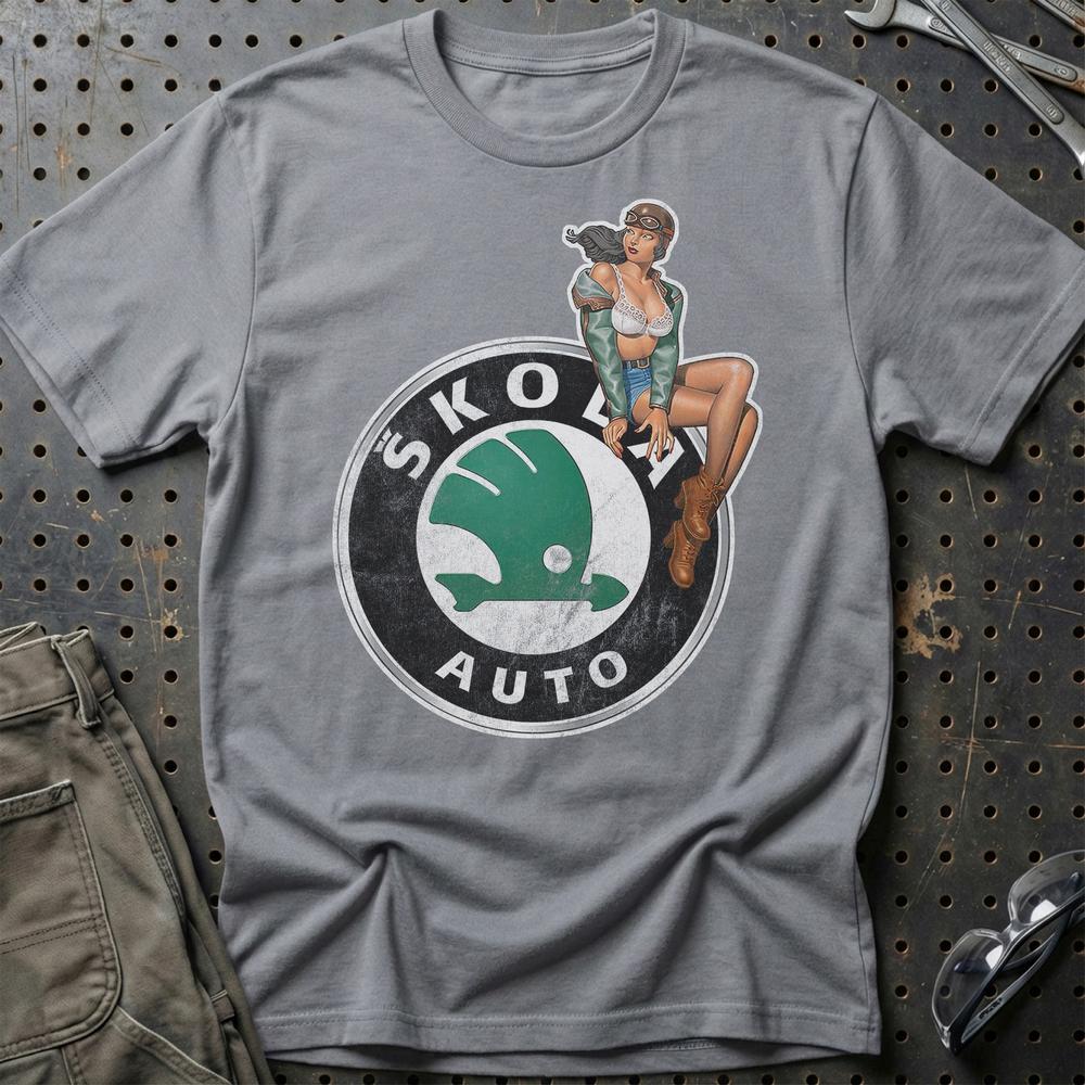 Skoda Pinup - Unisex T-Shirt , Bomuld-Beklædning-Skoda-Grå Sport-S-Garage Culture Shop- garage - man cave - merchandise