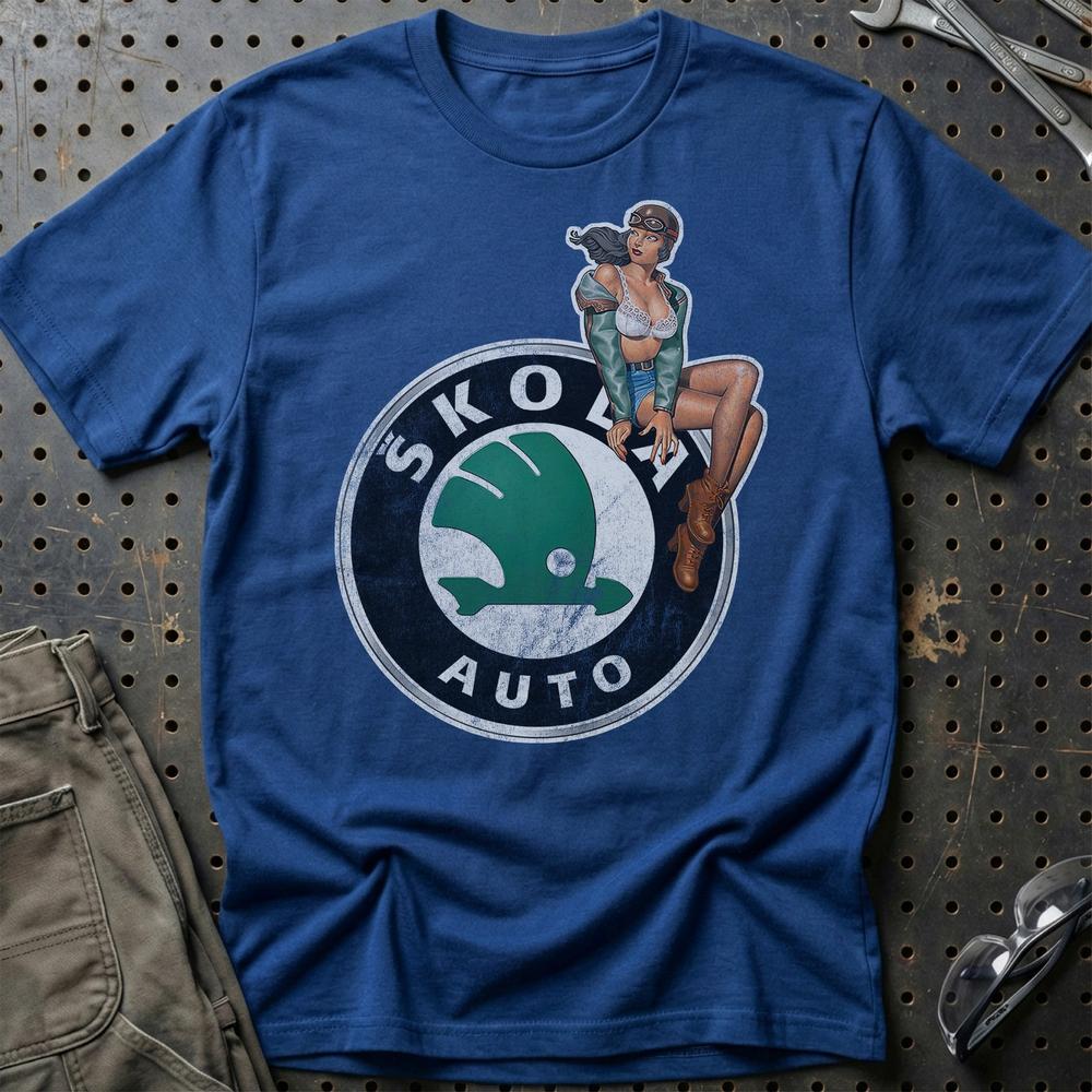 Skoda Pinup - Unisex T-Shirt , Bomuld-Beklædning-Skoda-Blå Royal-S-Garage Culture Shop- garage - man cave - merchandise