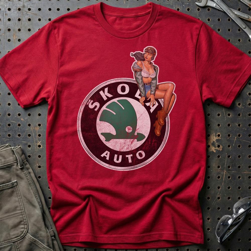 Skoda Pinup - Unisex T-Shirt , Bomuld-Beklædning-Skoda-Rød-S-Garage Culture Shop- garage - man cave - merchandise