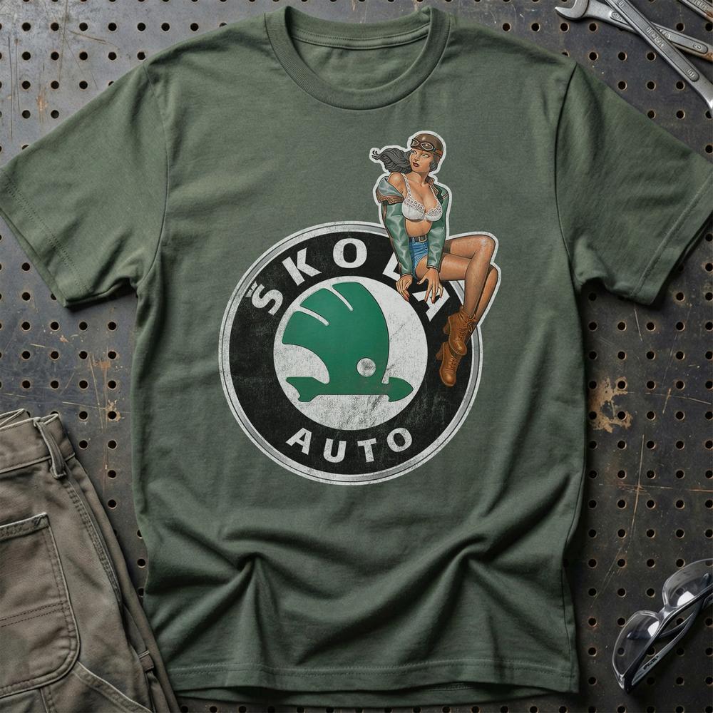 Skoda Pinup - Unisex T-Shirt , Bomuld-Beklædning-Skoda-Grøn Militær-S-Garage Culture Shop- garage - man cave - merchandise