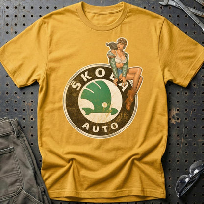 Skoda Pinup - Unisex T-Shirt , Bomuld-Beklædning-Skoda-Guld-S-Garage Culture Shop- garage - man cave - merchandise