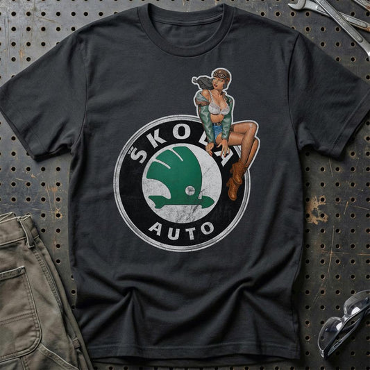 Skoda Pinup - Unisex T-Shirt , Bomuld-Beklædning-Skoda-Sort-S-Garage Culture Shop- garage - man cave - merchandise