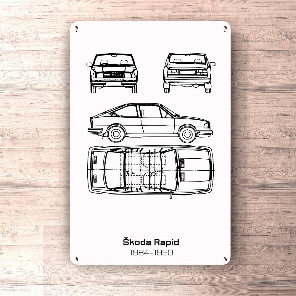 Škoda Rapid Blueprint Skilte, Musemåtte, Dørmåtte , Plakat-Blueprint-Skoda-Garage Culture Shop- garage - man cave - merchandise