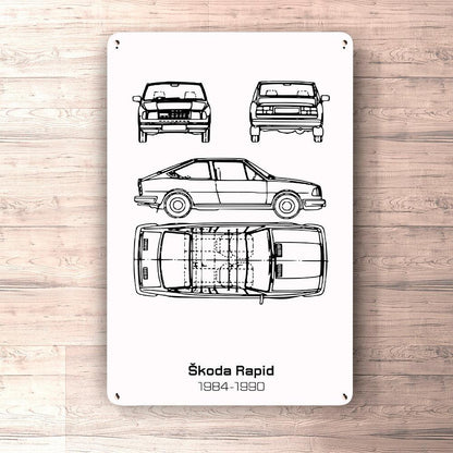 Škoda Rapid Blueprint Skilte, Musemåtte, Dørmåtte , Plakat-Blueprint-Skoda-Garage Culture Shop- garage - man cave - merchandise