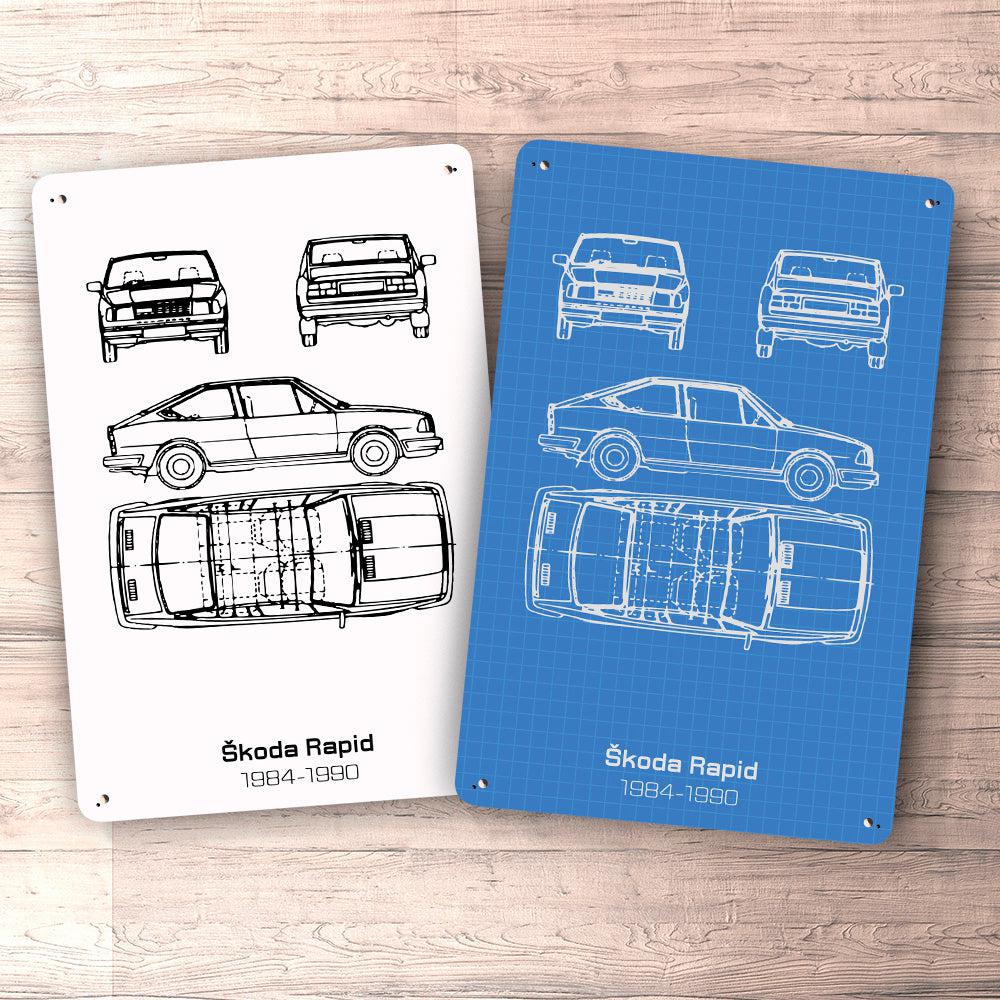 Škoda Rapid Blueprint Skilte, Musemåtte, Dørmåtte , Plakat-Blueprint-Skoda-Garage Culture Shop- garage - man cave - merchandise