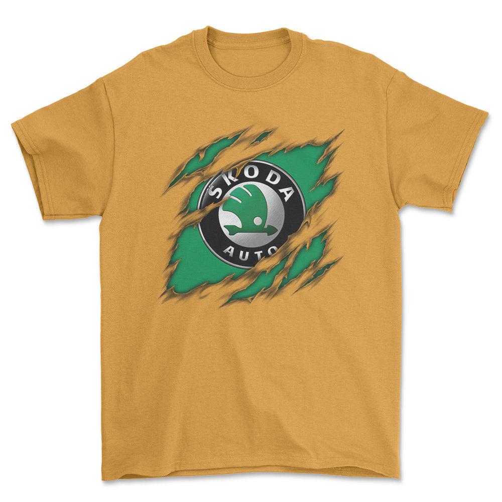 Skoda Ripped Unisex T-Shirt , Bomuld-Beklædning-Skoda-Guld-S-Forside-Garage Culture Shop- garage - man cave - merchandise