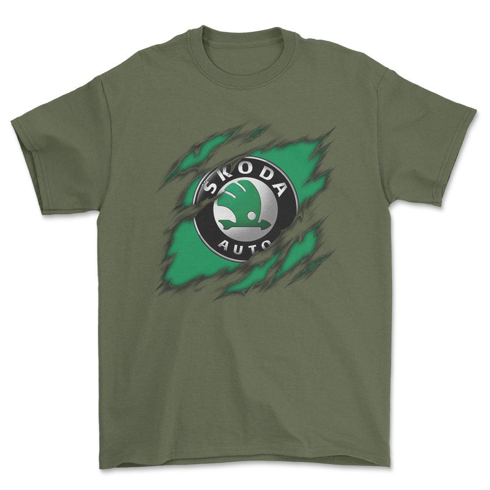 Skoda Ripped Unisex T-Shirt , Bomuld-Beklædning-Skoda-Grøn Militær-S-Forside-Garage Culture Shop- garage - man cave - merchandise