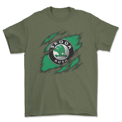 Skoda Ripped Unisex T-Shirt , Bomuld-Beklædning-Skoda-Grøn Militær-S-Forside-Garage Culture Shop- garage - man cave - merchandise