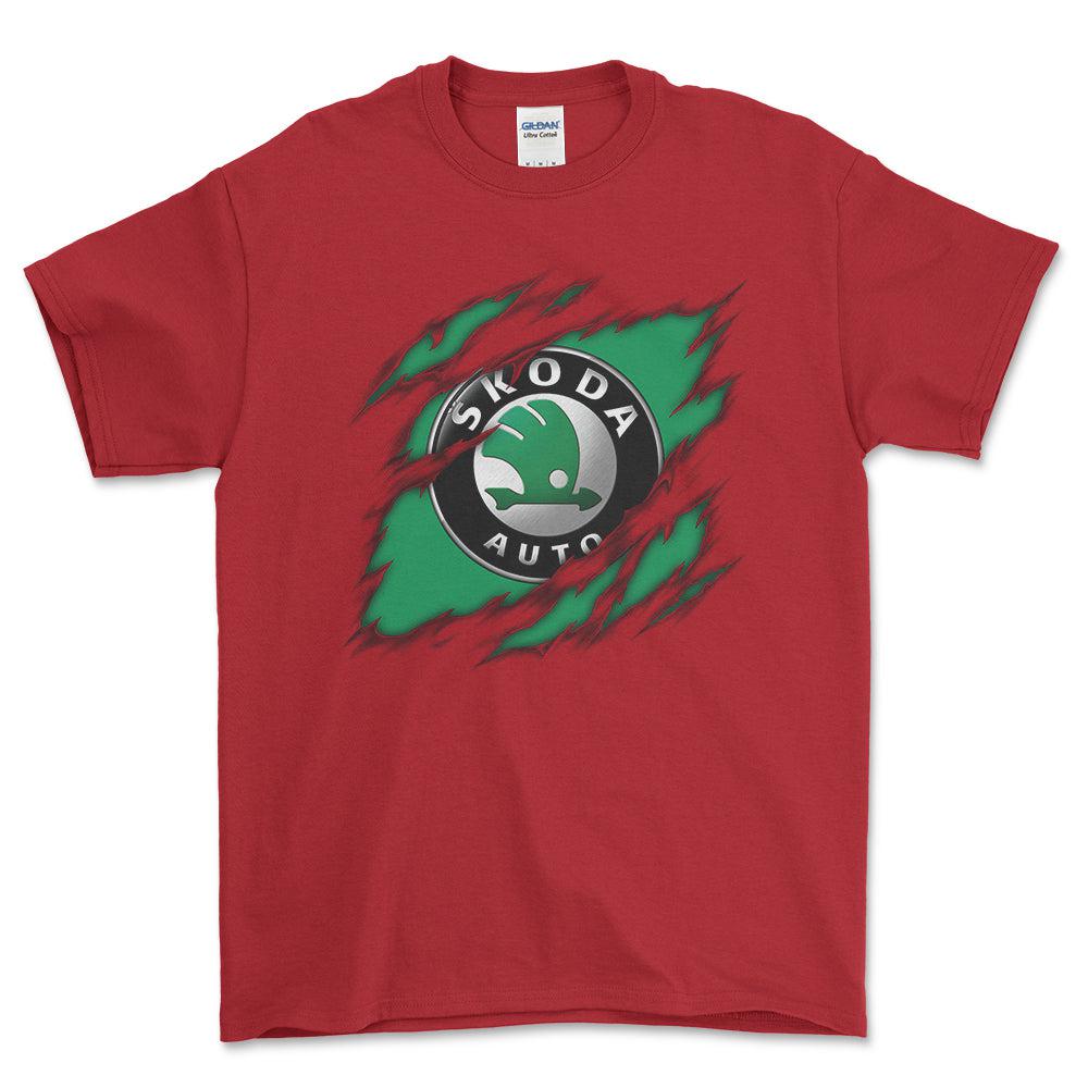 Skoda Ripped Unisex T-Shirt , Bomuld-Beklædning-Skoda-Rød-S-Forside-Garage Culture Shop- garage - man cave - merchandise