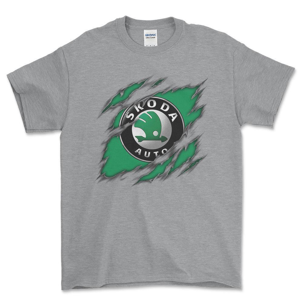 Skoda Ripped Unisex T-Shirt , Bomuld-Beklædning-Skoda-Grå Sport-S-Forside-Garage Culture Shop- garage - man cave - merchandise