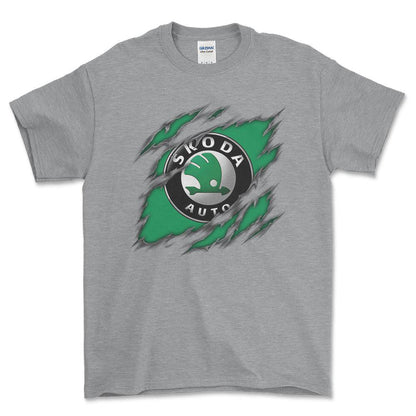Skoda Ripped Unisex T-Shirt , Bomuld-Beklædning-Skoda-Grå Sport-S-Forside-Garage Culture Shop- garage - man cave - merchandise