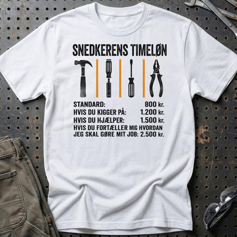 Snedkerens Timeløn - Unisex T-Shirt , Bomuld-Beklædning-Garage Culture-Hvid-S-Garage Culture Shop- garage - man cave - merchandise