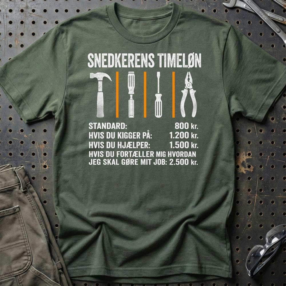 Snedkerens Timeløn - Unisex T-Shirt , Bomuld-Beklædning-Garage Culture-Grøn Militær-S-Garage Culture Shop- garage - man cave - merchandise