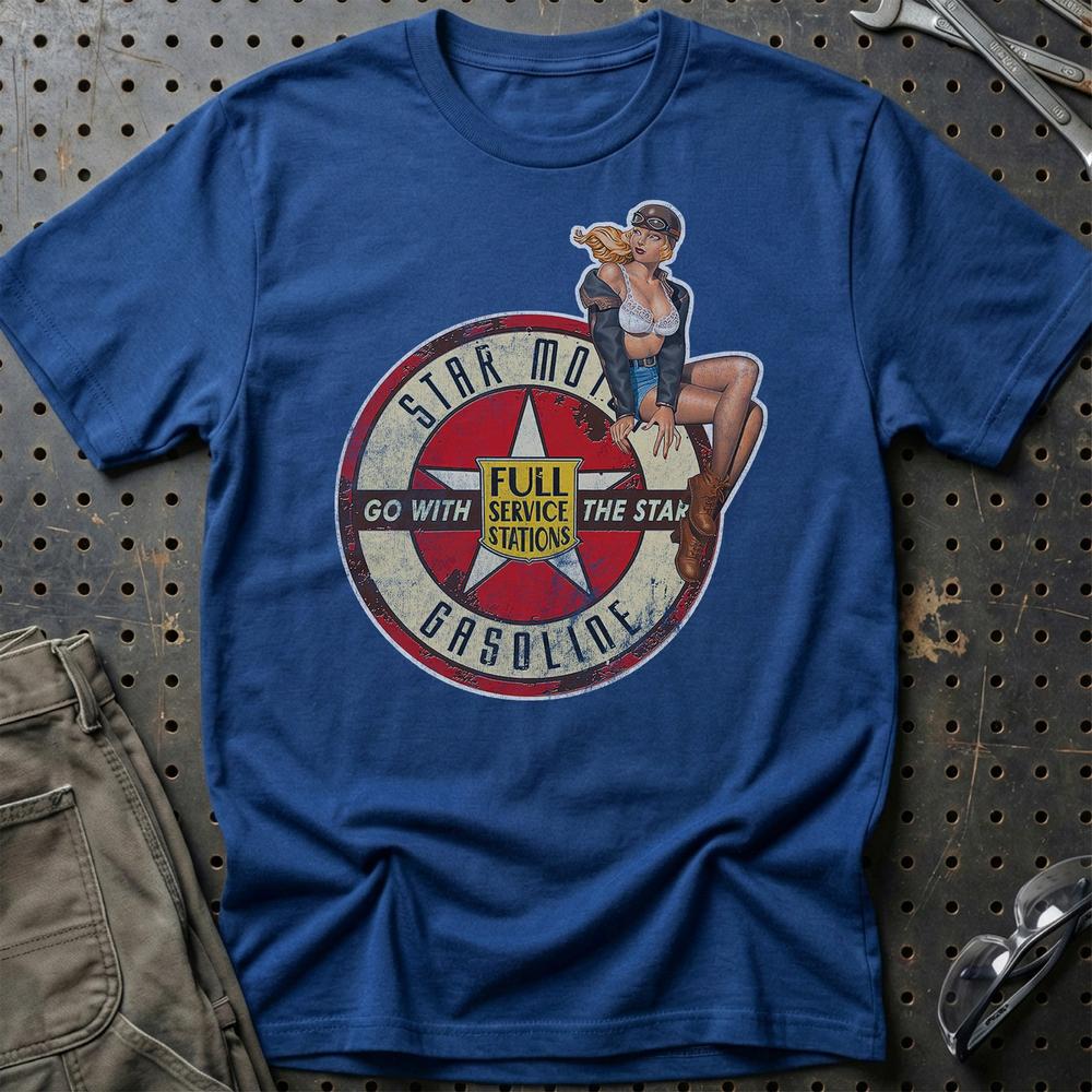 Star Motor Gasoline Pinup T-Shirt-Beklædning-Motoroil-Blå Royal-S-Garage Culture Shop- garage - man cave - merchandise