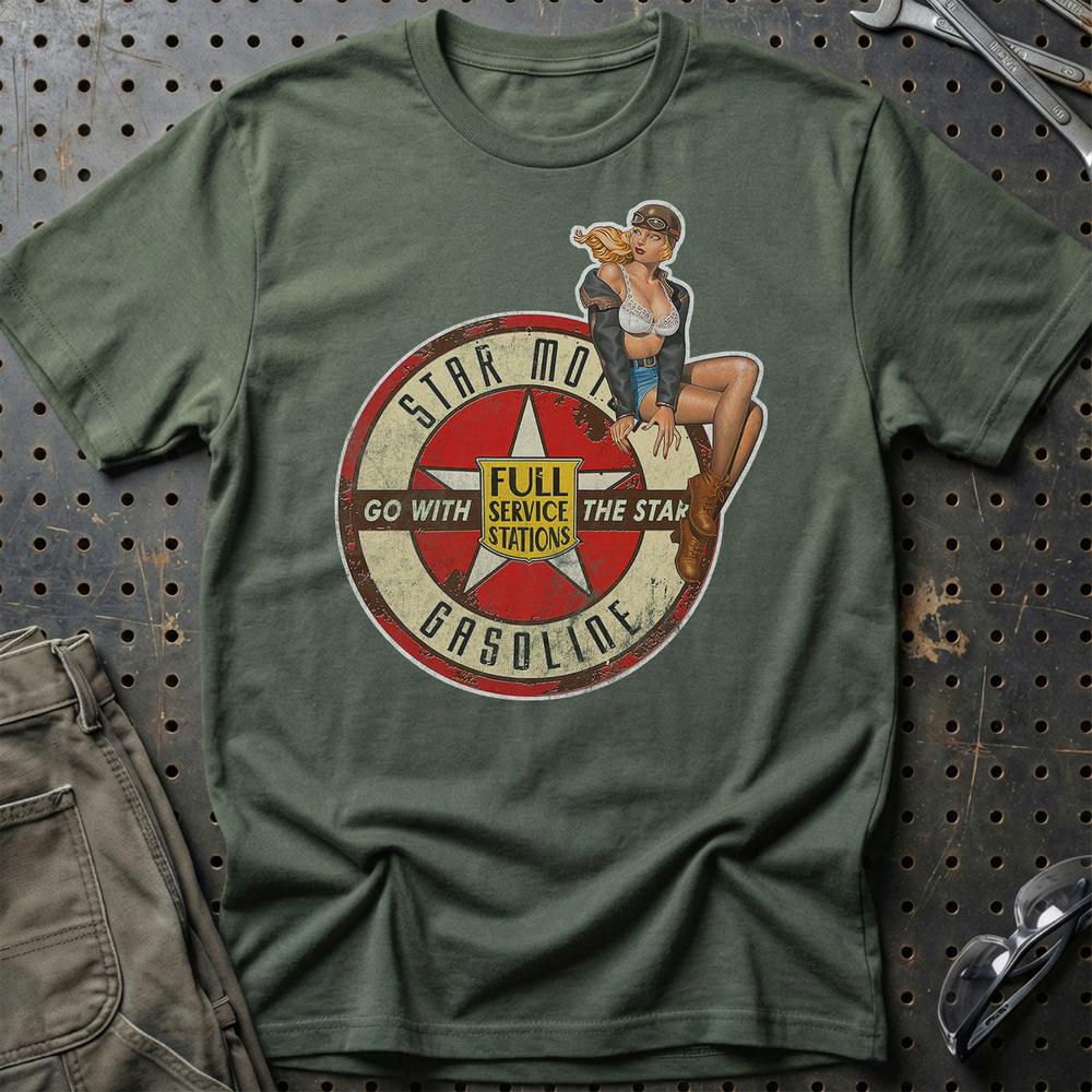 Star Motor Gasoline Pinup T-Shirt-Beklædning-Motoroil-Grøn Militær-S-Garage Culture Shop- garage - man cave - merchandise