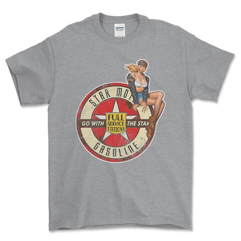 Star Motor Gasoline Pinup - Unisex T-Shirt , Bomuld-Beklædning-Motoroil-Grå Sport-S-Forside-Garage Culture Shop- garage - man cave - merchandise