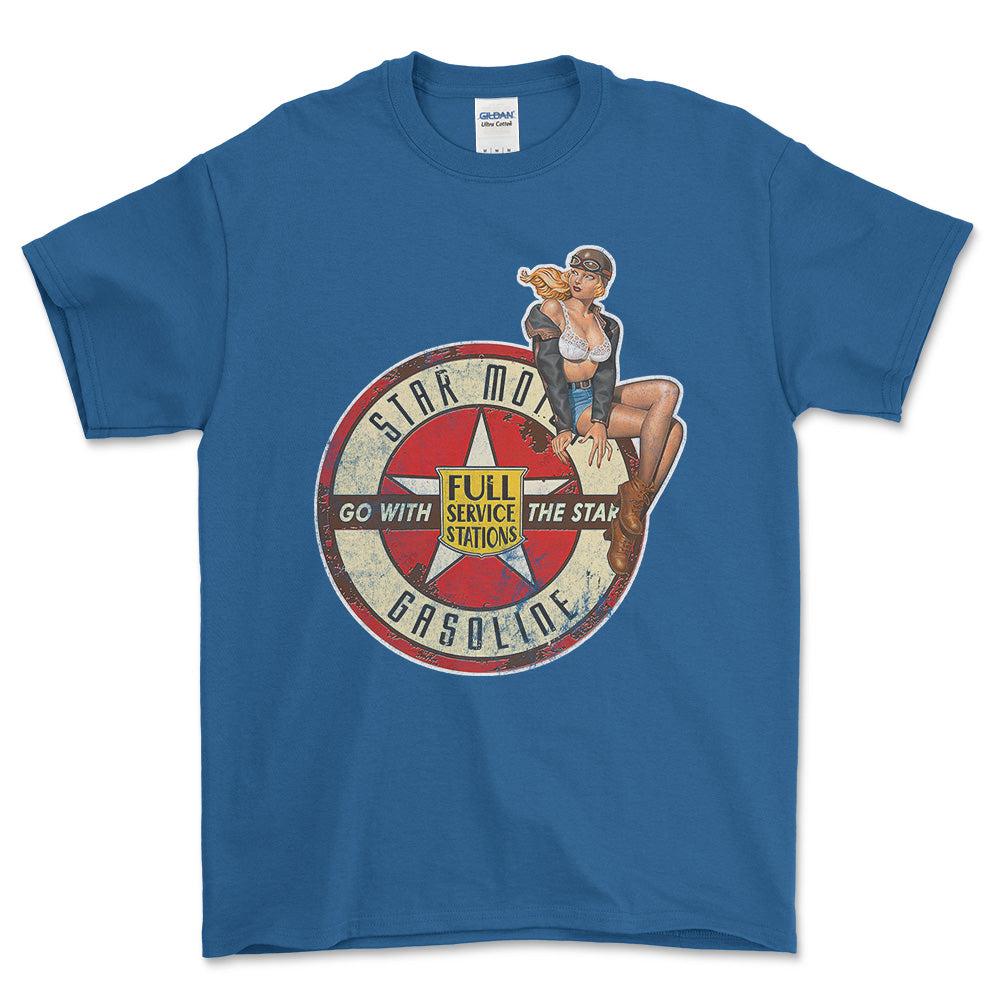 Star Motor Gasoline Pinup - Unisex T-Shirt , Bomuld-Beklædning-Motoroil-Blå Royal-S-Forside-Garage Culture Shop- garage - man cave - merchandise