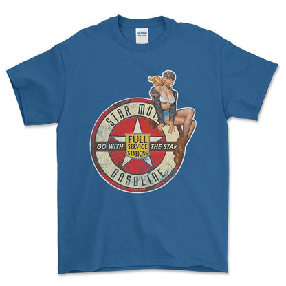 Star Motor Gasoline Pinup - Unisex T-Shirt , Bomuld-Beklædning-Motoroil-Blå Royal-S-Forside-Garage Culture Shop- garage - man cave - merchandise