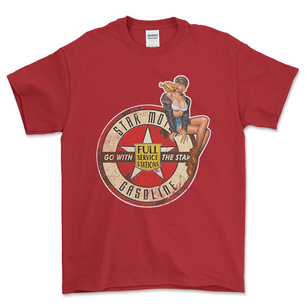 Star Motor Gasoline Pinup - Unisex T-Shirt , Bomuld-Beklædning-Motoroil-Rød-S-Forside-Garage Culture Shop- garage - man cave - merchandise