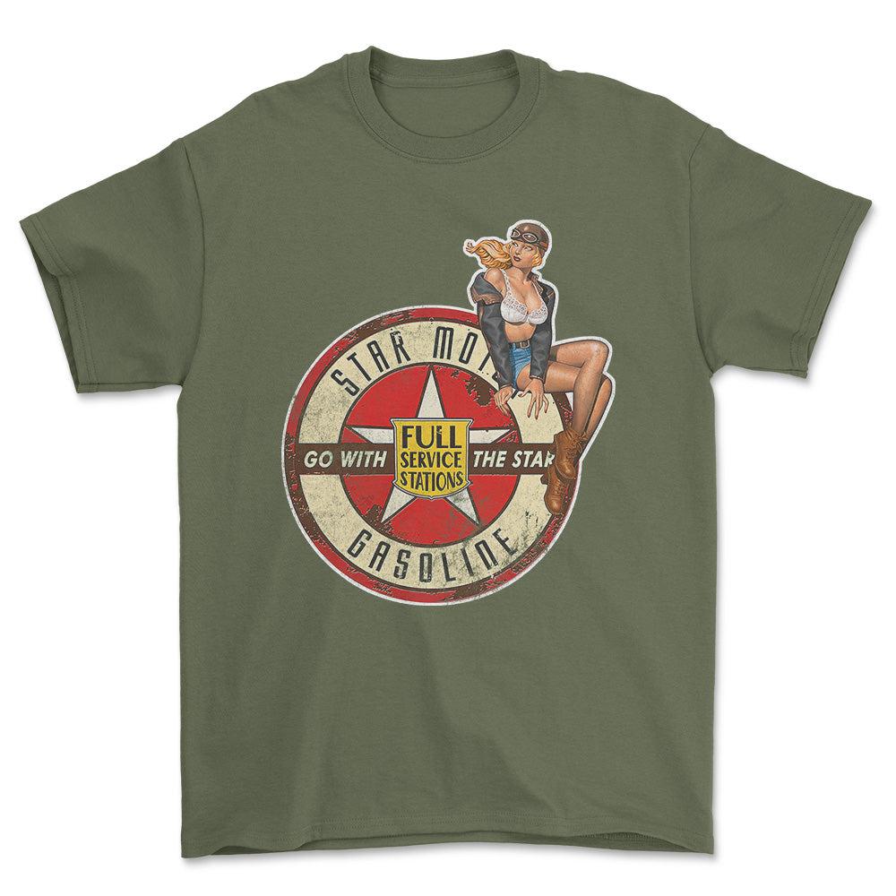 Star Motor Gasoline Pinup - Unisex T-Shirt , Bomuld-Beklædning-Motoroil-Grøn Militær-S-Forside-Garage Culture Shop- garage - man cave - merchandise