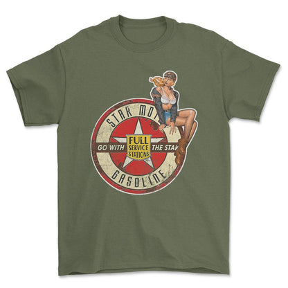 Star Motor Gasoline Pinup - Unisex T-Shirt , Bomuld-Beklædning-Motoroil-Grøn Militær-S-Forside-Garage Culture Shop- garage - man cave - merchandise